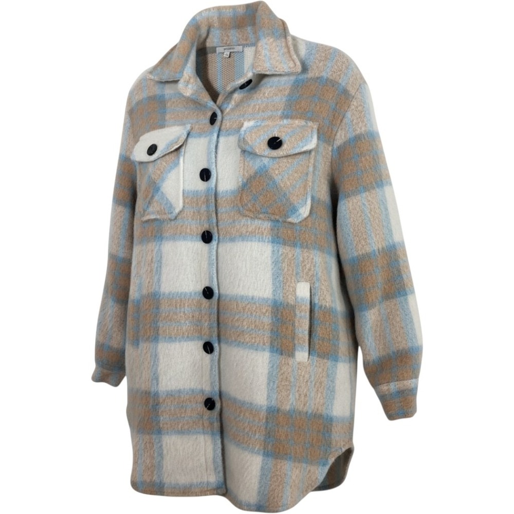 Veveret Shacket Women S Blue Tan Plaid Fuzzy Flannel Longline Shirt Jacket